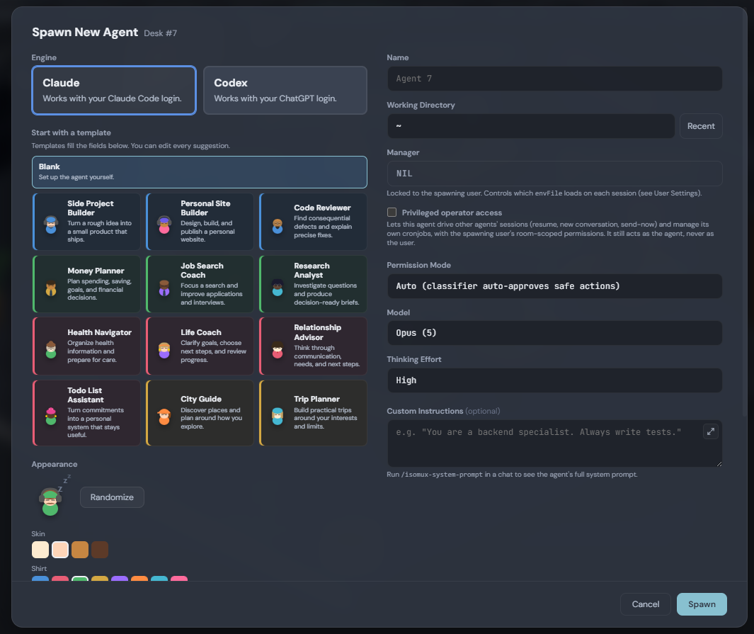 The Spawn New Agent dialog. An Engine row offers Claude or Codex, and a 'Start with a template' grid offers Blank plus twelve profiles, each with a one-line description: Side Project Builder, Personal Site Builder, Code Reviewer, Money Planner, Job Search Coach, Research Analyst, Health Navigator, Life Coach, Relationship Advisor, Todo List Assistant, City Guide, and Trip Planner. The right column holds the name, working directory, manager, permission mode, model, and thinking effort fields