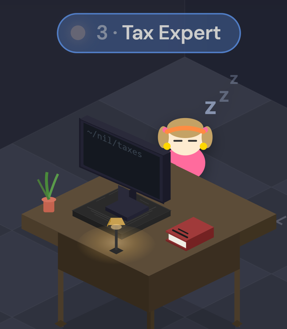 An isometric desk in the isomux office. The nametag reads '3 · Tax Expert'. A character with blonde hair and a pink shirt sleeps at the desk with 'z z z' floating above her, the monitor shows the working directory ~/nil/taxes, and there is a red book on the desk