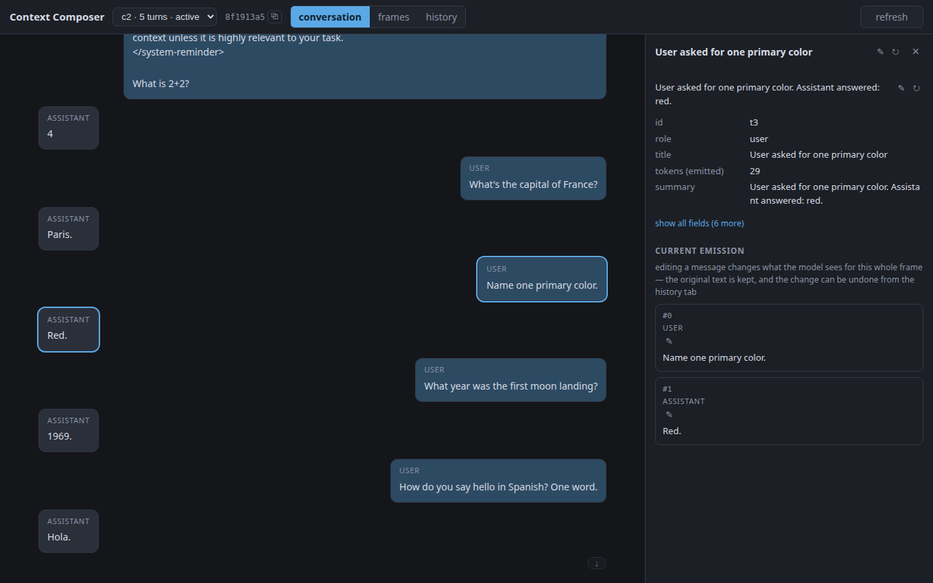 Context Composer's conversation view: five short turns as chat bubbles; the middle turn ('Name one primary color' / 'Red.') is selected, opening the details side panel with that frame's title, summary, fields, and messages