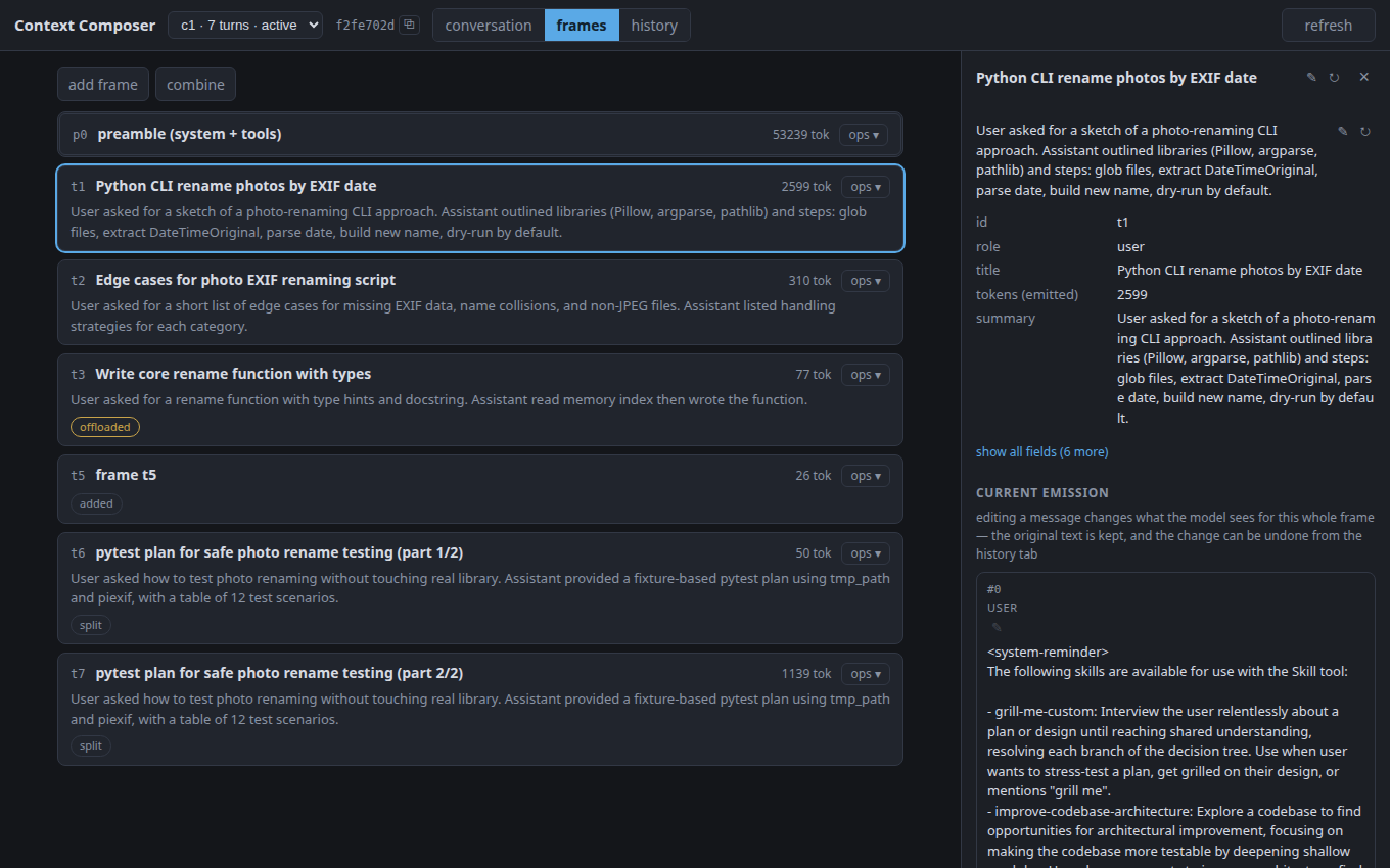 The details panel for a frame: title and description editable in place with AI-regenerate buttons, metadata fields, and the frame's messages with per-message edit pencils - plus an explicit 'current emission' vs 'source' split for overridden frames