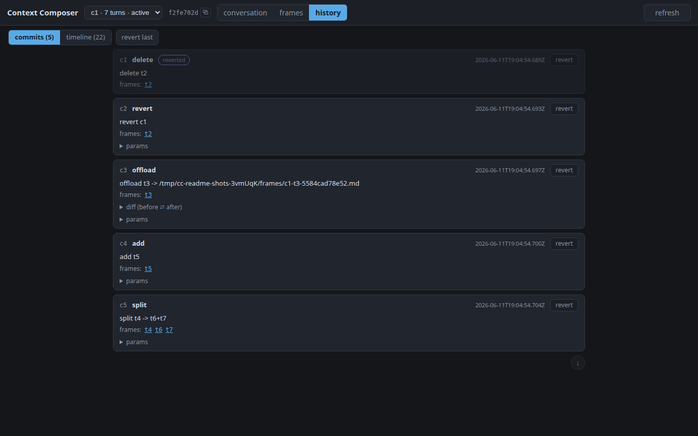 The history tab: five commits - a delete wearing a 'reverted' chip, the revert that undid it, an offload with its artifact path, an add, and a split - each with frame links and a revert button