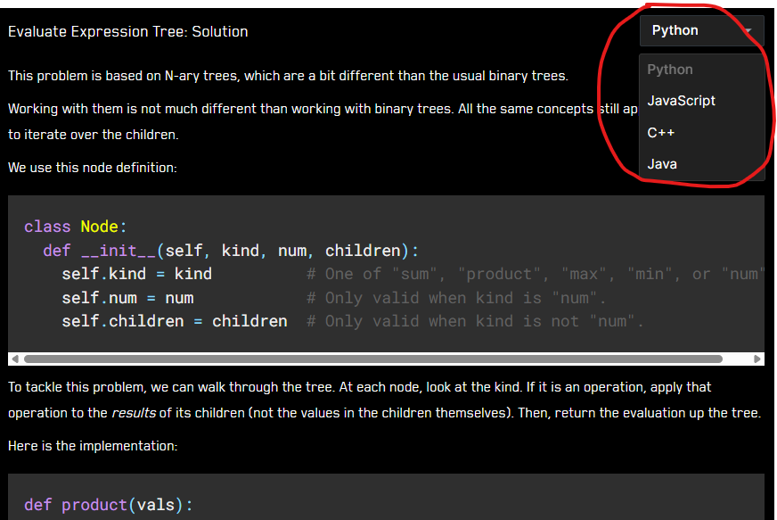 Language dropdown menu