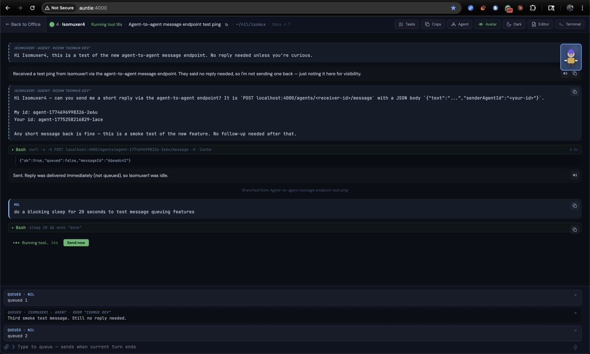 Isomuxer4 receiving a message from Isomuxer1 and replying via the agent-to-agent endpoint, with a mixed queue of pending messages from Nil and Isomuxer1 at the bottom of the chat