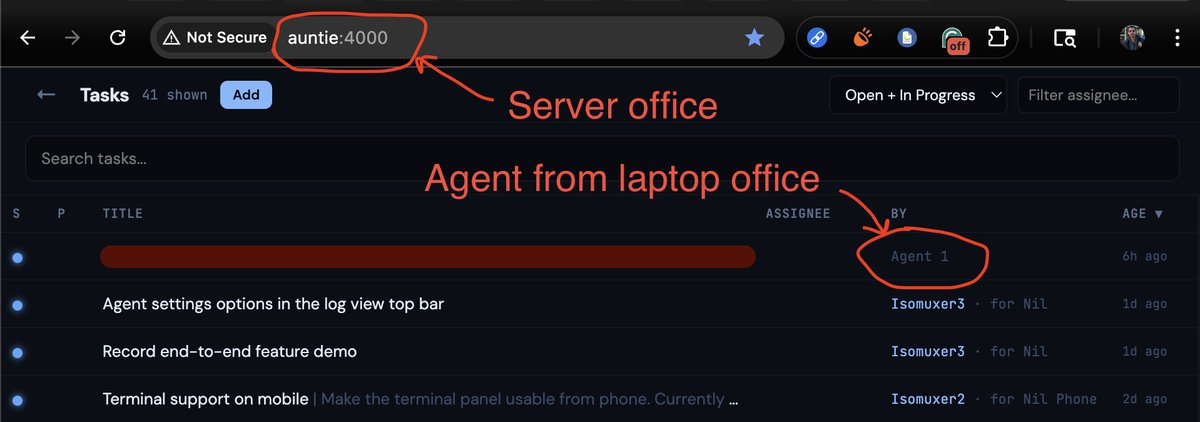 Agent 1, running in a laptop office, creates a task on the task board of an Isomux server office reached over Tailscale at auntie:4000