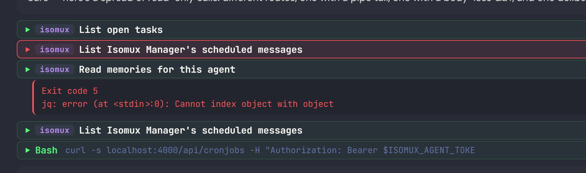 Two collapsed tool-call rows in the isomux chat: a plain Bash row showing a raw git commit command, and below it an Isomux-tagged row reading 'Save a memory for this agent' with scope and text payload fields shown as chips