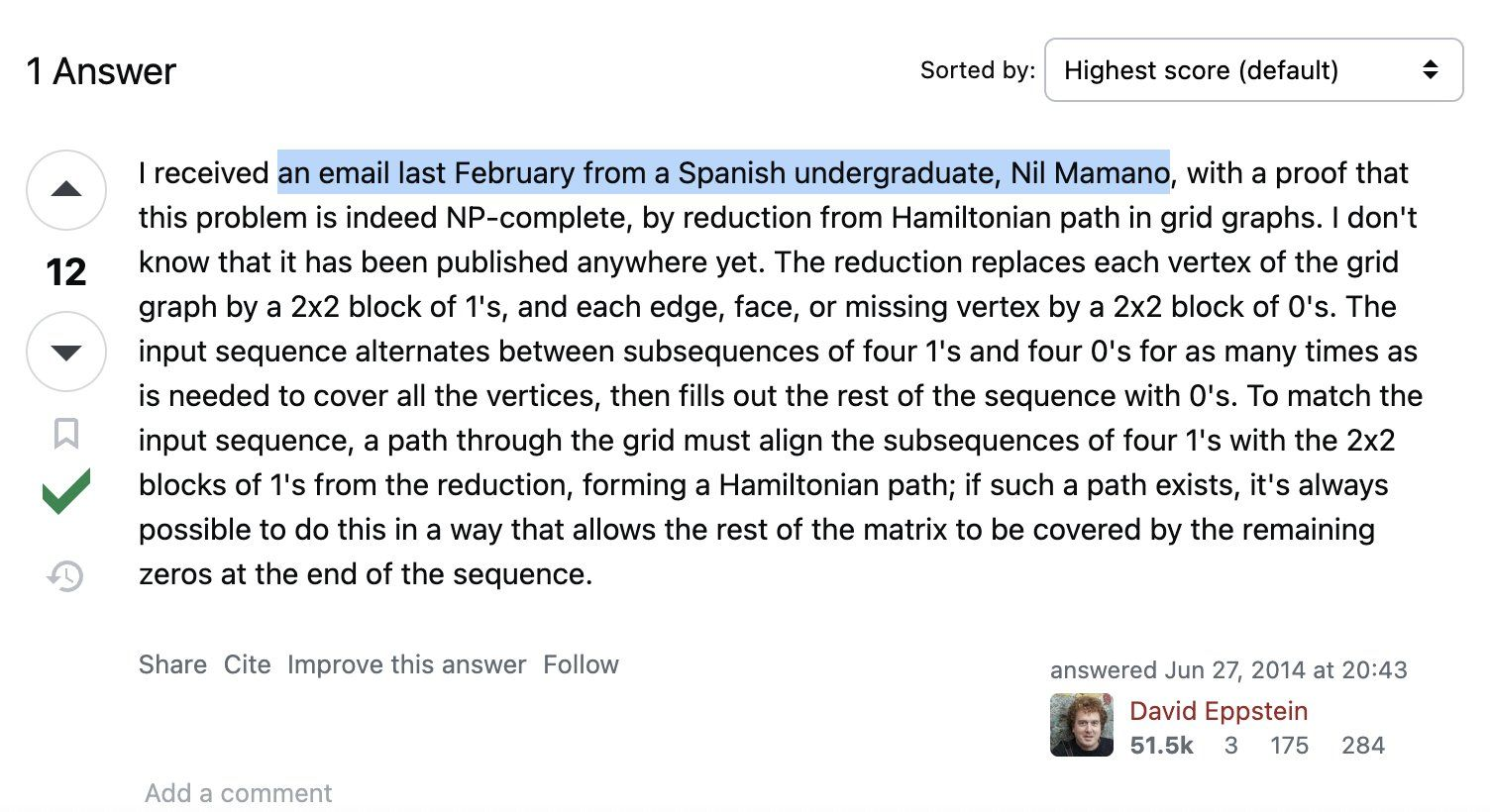 David Eppstein's answer on CS Theory Stack Exchange crediting Nil Mamano with the NP-completeness proof