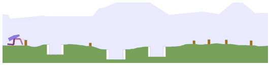A bipedal walker from the POET paper traversing a procedurally generated terrain with gaps and stumps