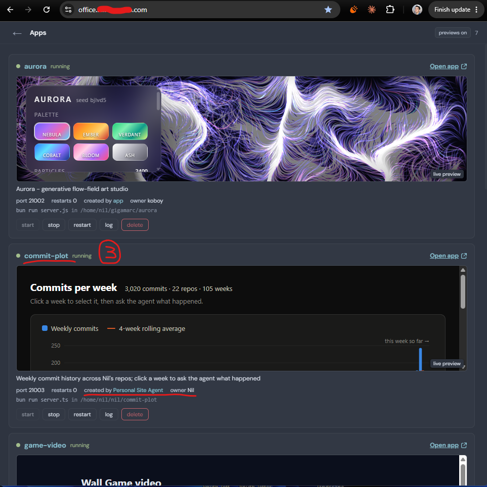 The Apps page lists running apps with live previews. Each row shows its port, restart count, the agent that created it, and its owner; two rows were created by different agents and belong to different users.