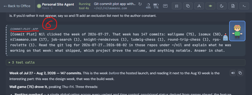The agent's conversation shows a message labeled 'COMMIT-PLOT and APP', which reports the week the user clicked and its commit counts per repository, followed by the agent's answer explaining what shipped that week.